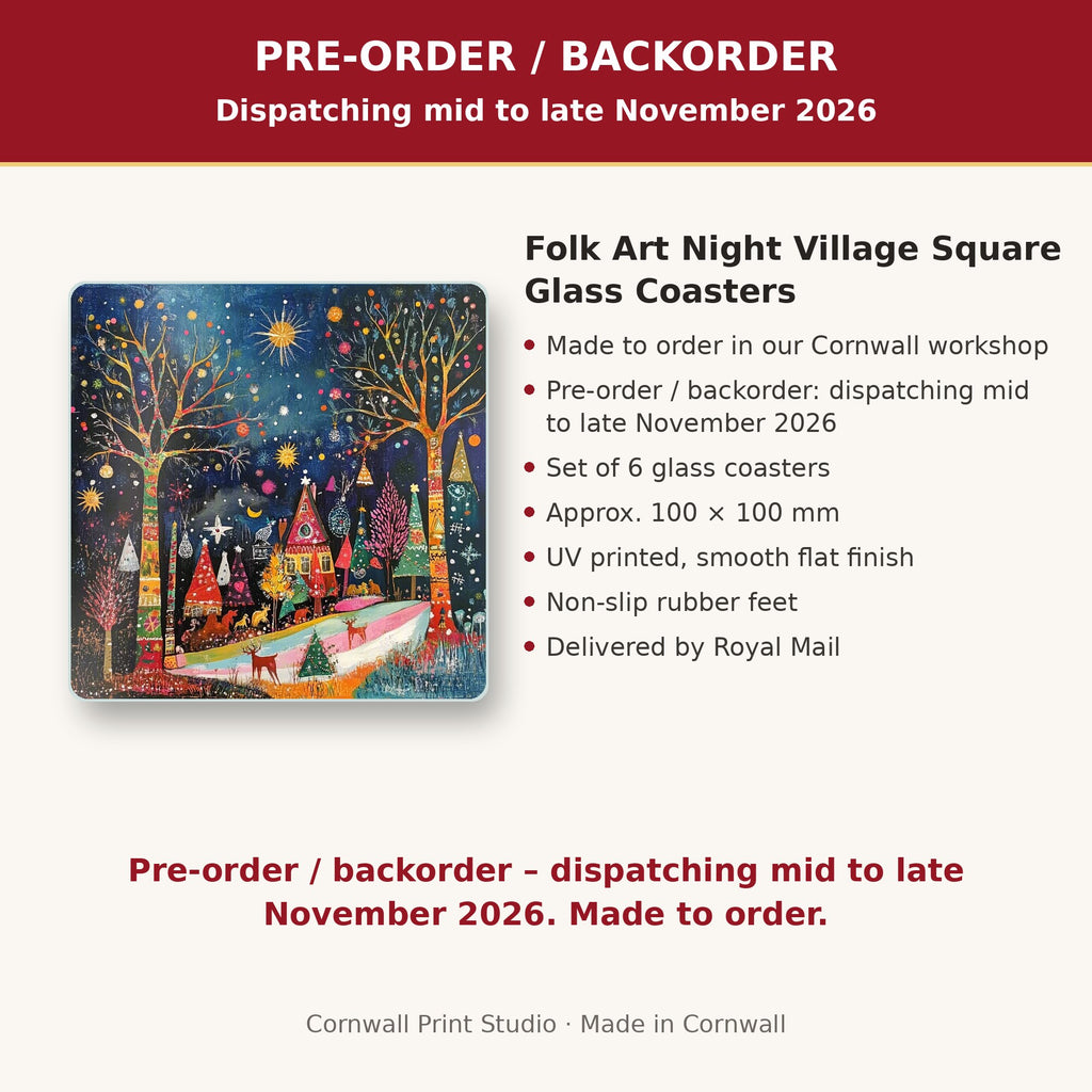 Info card: Folk Art Night Village Square Glass Coasters – Set of 6, made to order, dispatching mid to late November 2026, delivered by Royal Mail
