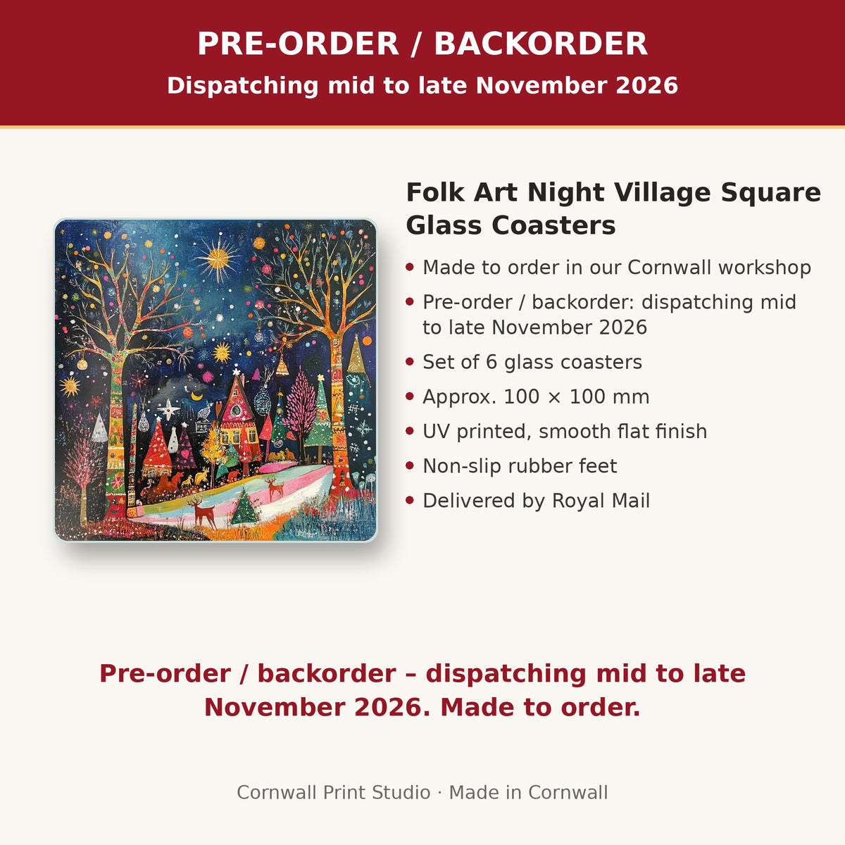 Info card: Folk Art Night Village Square Glass Coasters – Set of 6, made to order, dispatching mid to late November 2026, delivered by Royal Mail
