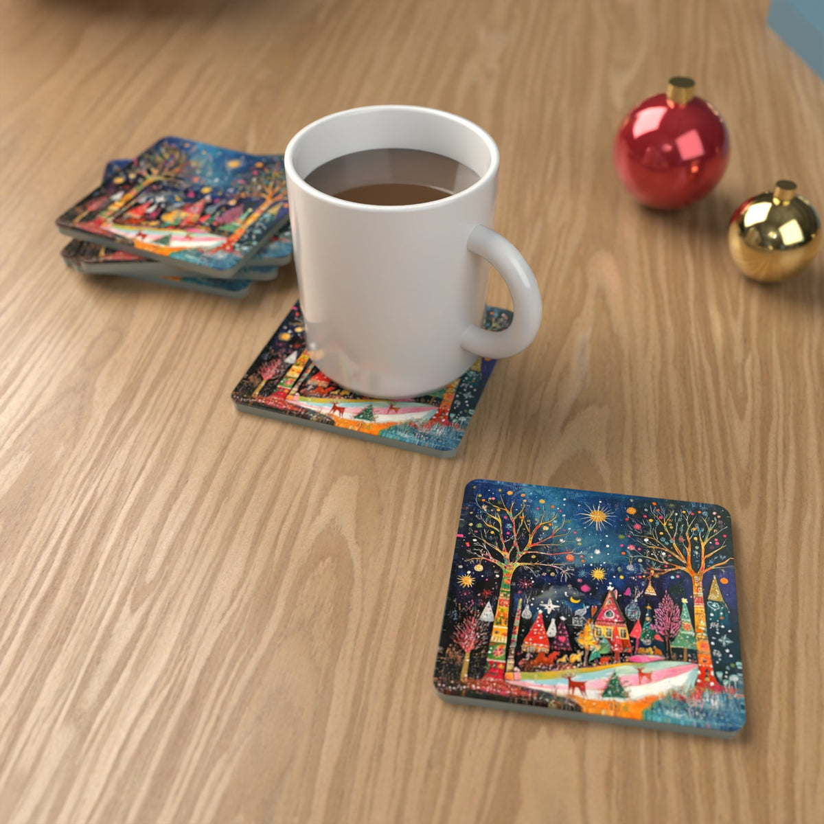 Folk Art Night Village Square Glass Coasters – Set of 6 – lifestyle mockup with a mug of coffee