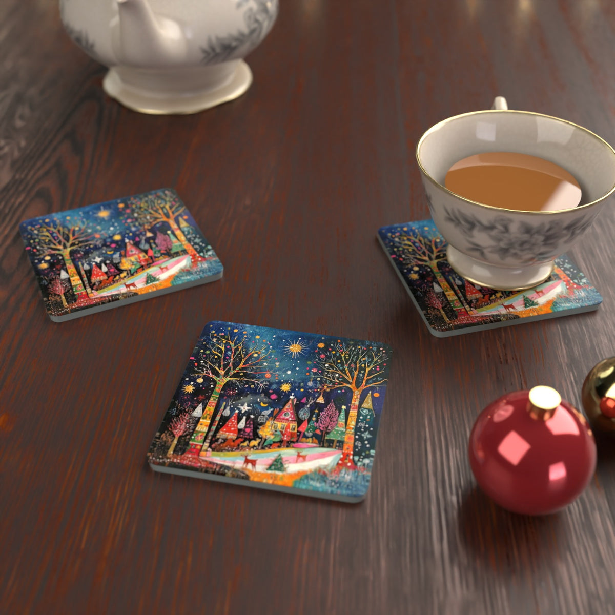 Folk Art Night Village Square Glass Coasters – Set of 6 – lifestyle mockup with a teacup