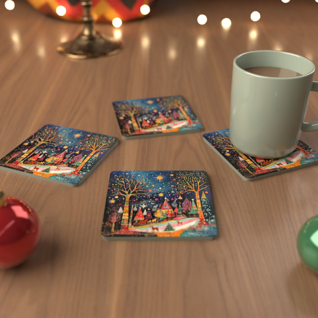 Folk Art Night Village Square Glass Coasters – Set of 6 – cosy lifestyle mockup