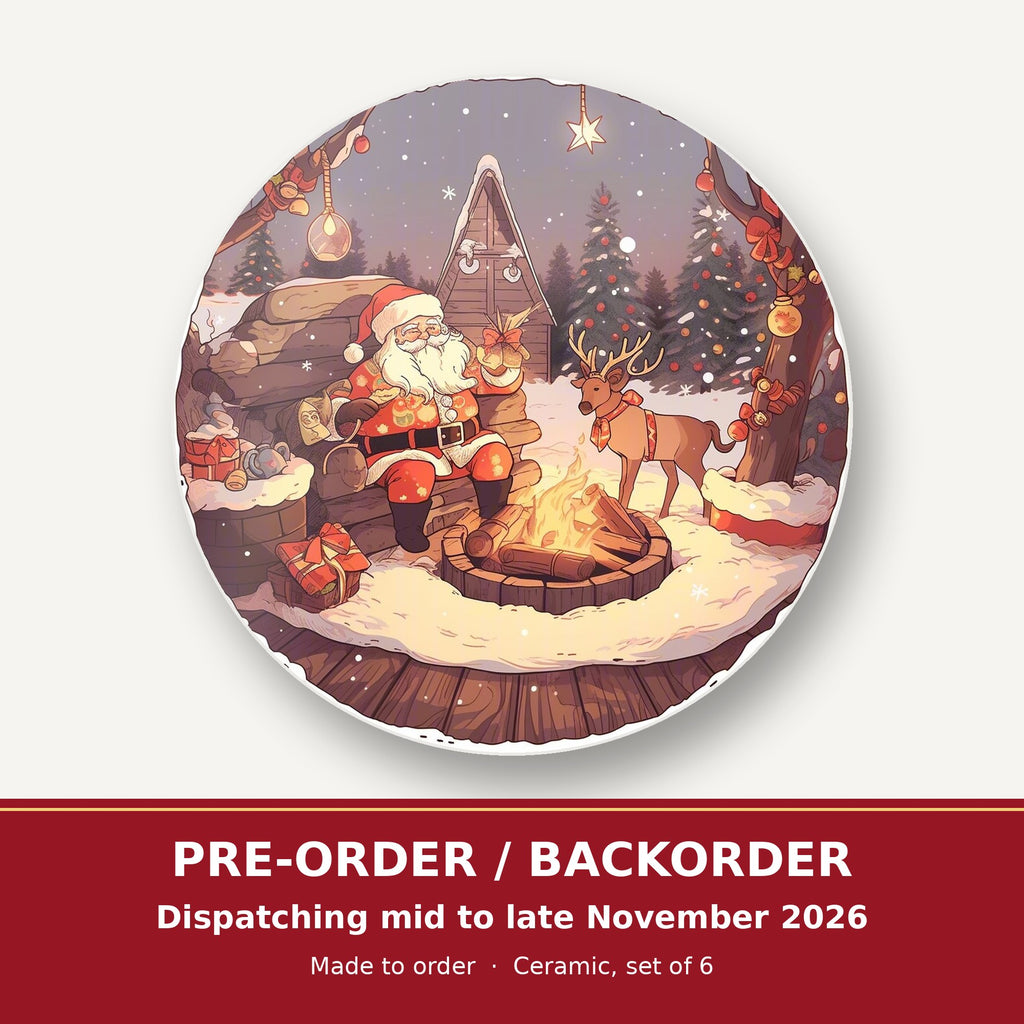Father Christmas & Reindeer by the Campfire round ceramic coaster set of 6 – pre-order / backorder, dispatching mid to late November 2026