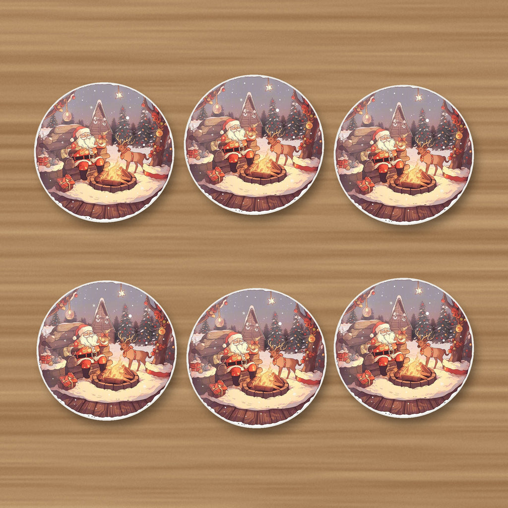 Father Christmas & Reindeer by the Campfire round ceramic coasters, set of 6, on an oak coffee table