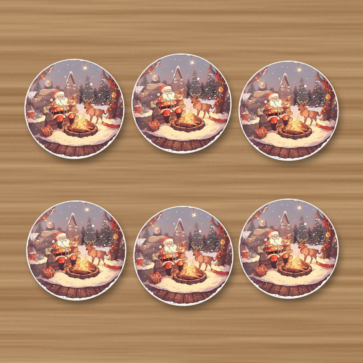 Father Christmas & Reindeer by the Campfire round ceramic coasters, set of 6, on an oak coffee table
