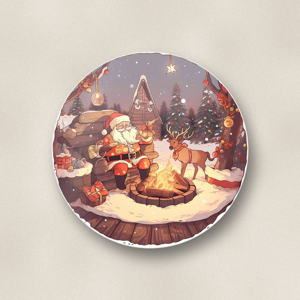 Close-up of one father christmas & reindeer by the campfire round ceramic coaster, flat UV print