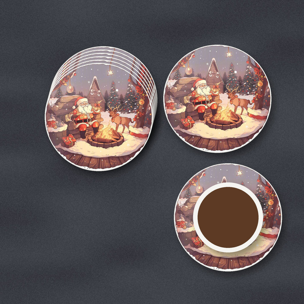 Father Christmas & Reindeer by the Campfire round ceramic coasters stacked on a slate kitchen worktop