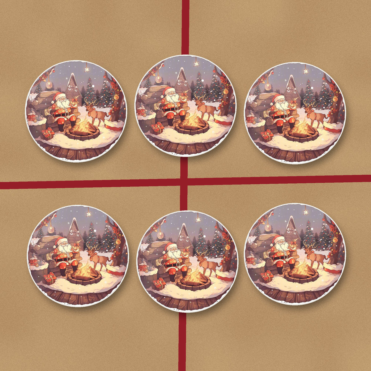 Father Christmas & Reindeer by the Campfire round ceramic coasters on kraft gift wrap