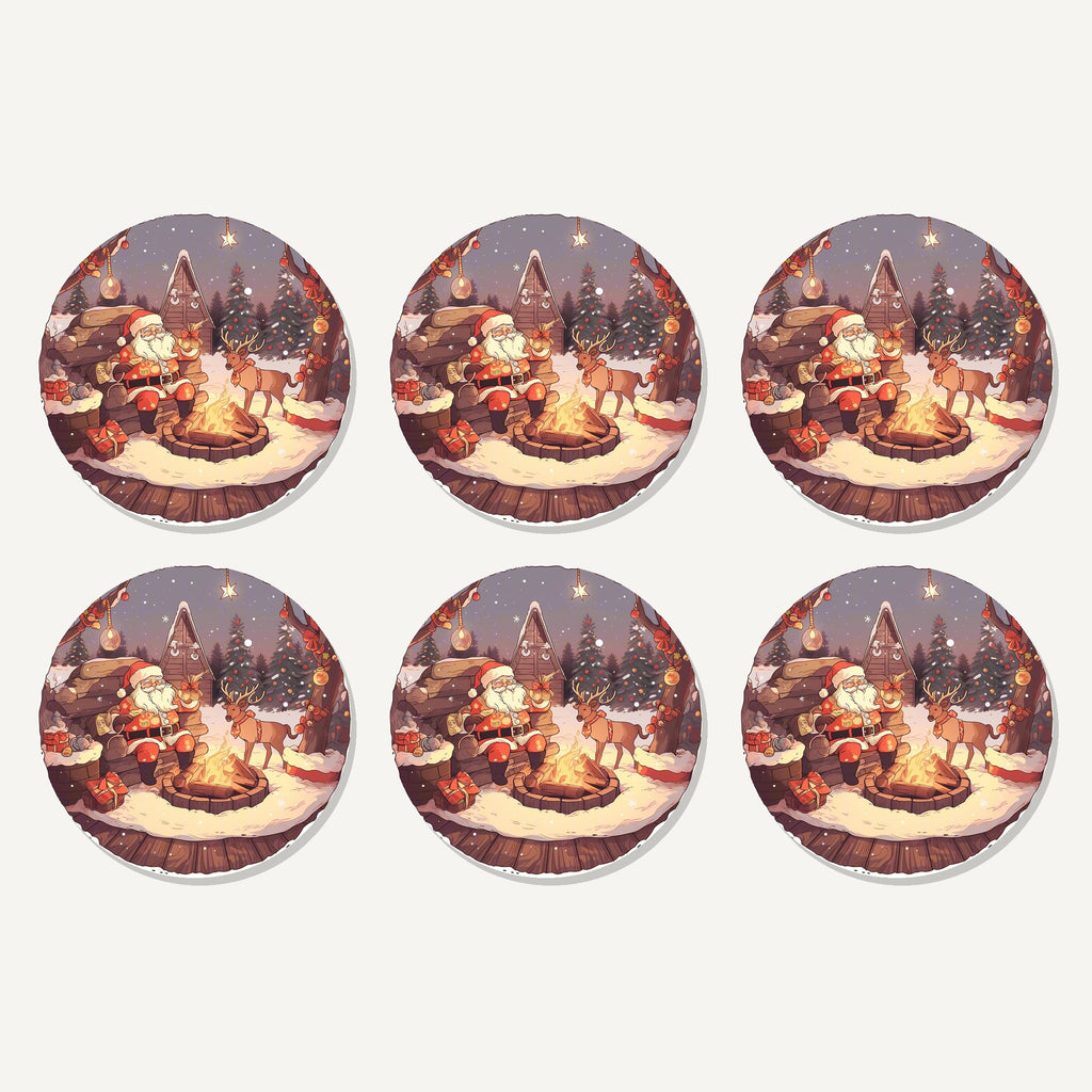 Flat lay of the father christmas & reindeer by the campfire artwork on six round coasters