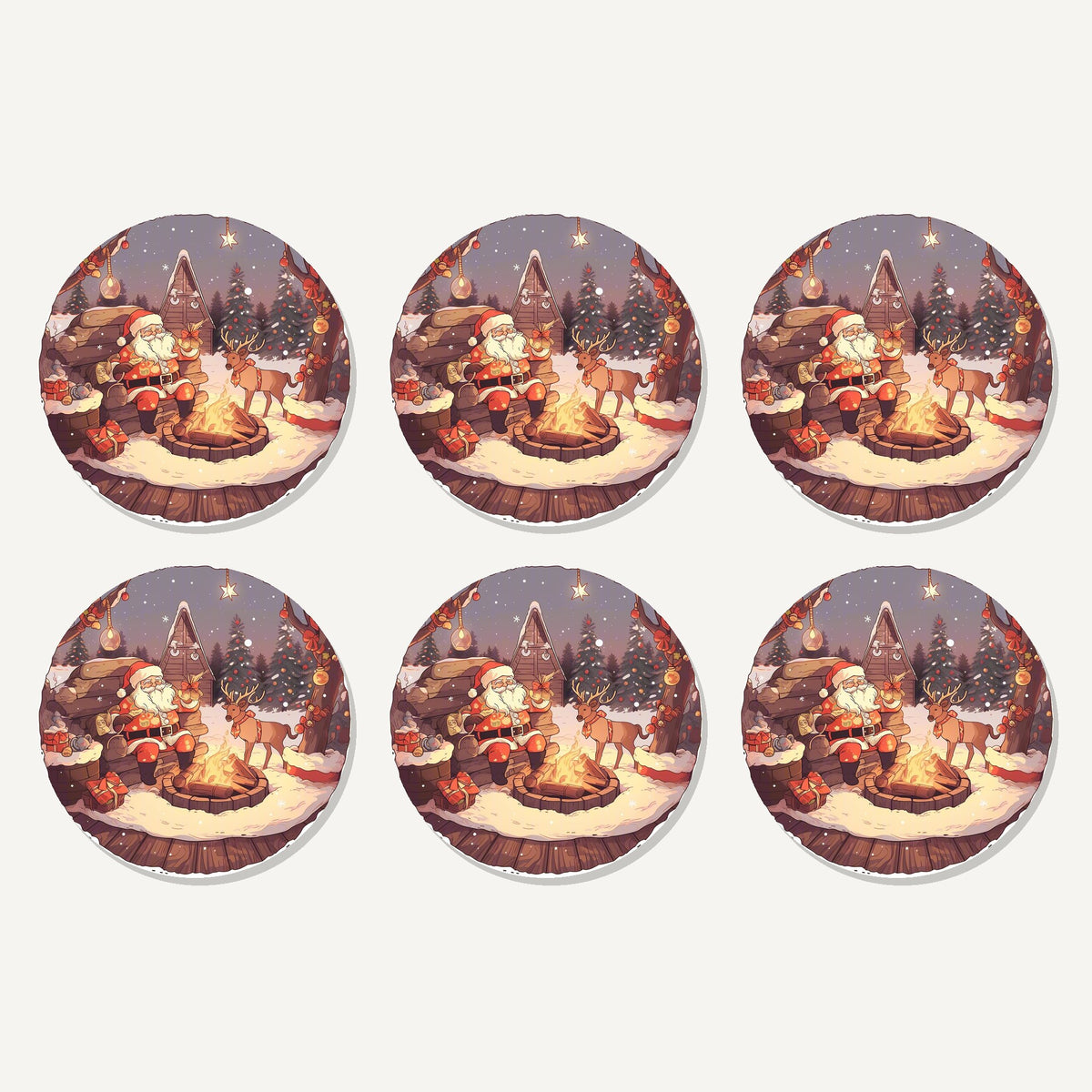 Flat lay of the father christmas & reindeer by the campfire artwork on six round coasters