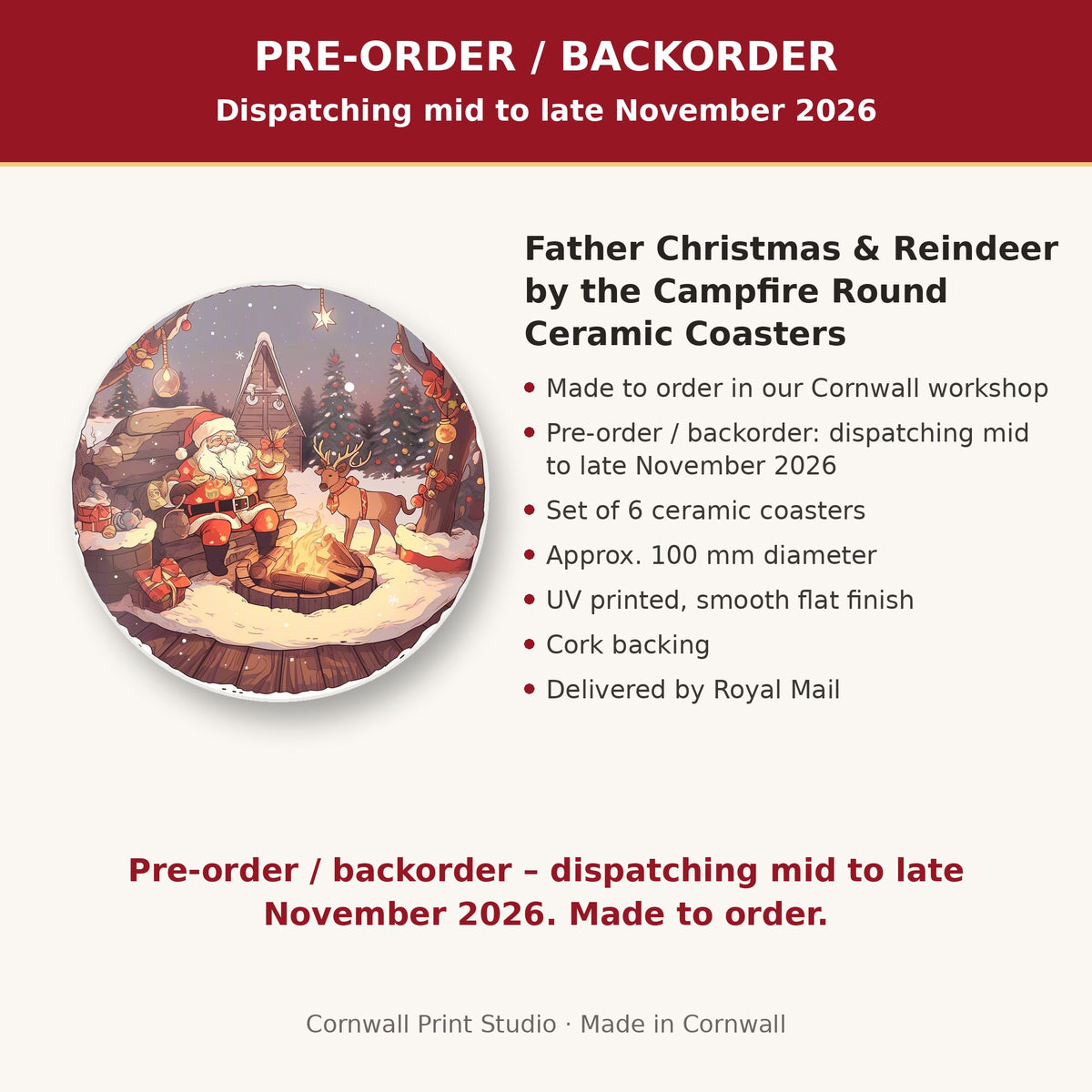 Info card: Father Christmas & Reindeer by the Campfire Round Ceramic Coasters – Set of 6, made to order, dispatching mid to late November 2026, delivered by Royal Mail