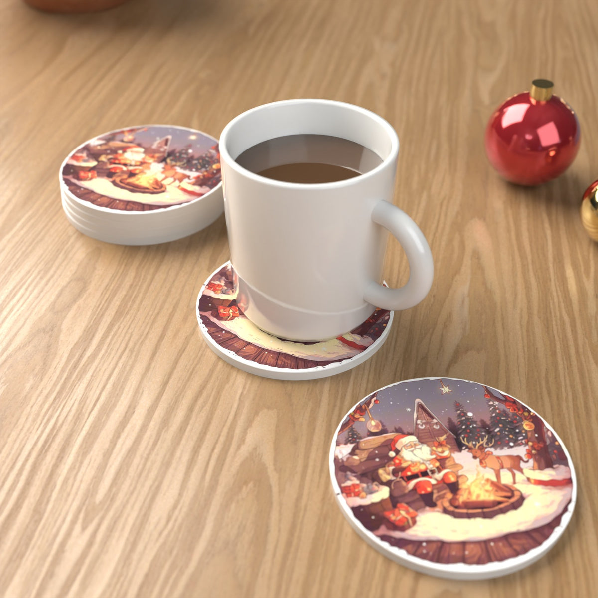 Father Christmas & Reindeer by the Campfire Round Ceramic Coasters – Set of 6 – lifestyle mockup with a mug of coffee