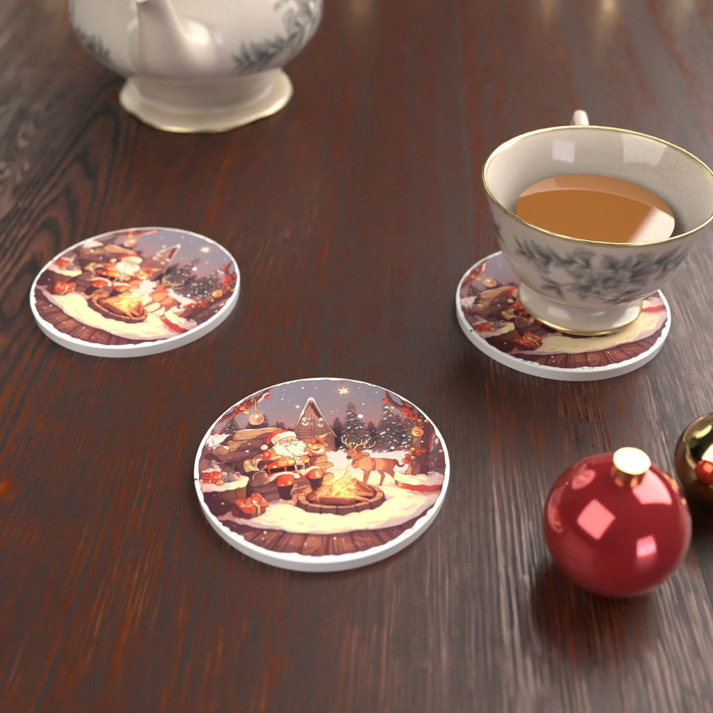 Father Christmas & Reindeer by the Campfire Round Ceramic Coasters – Set of 6 – lifestyle mockup with a teacup