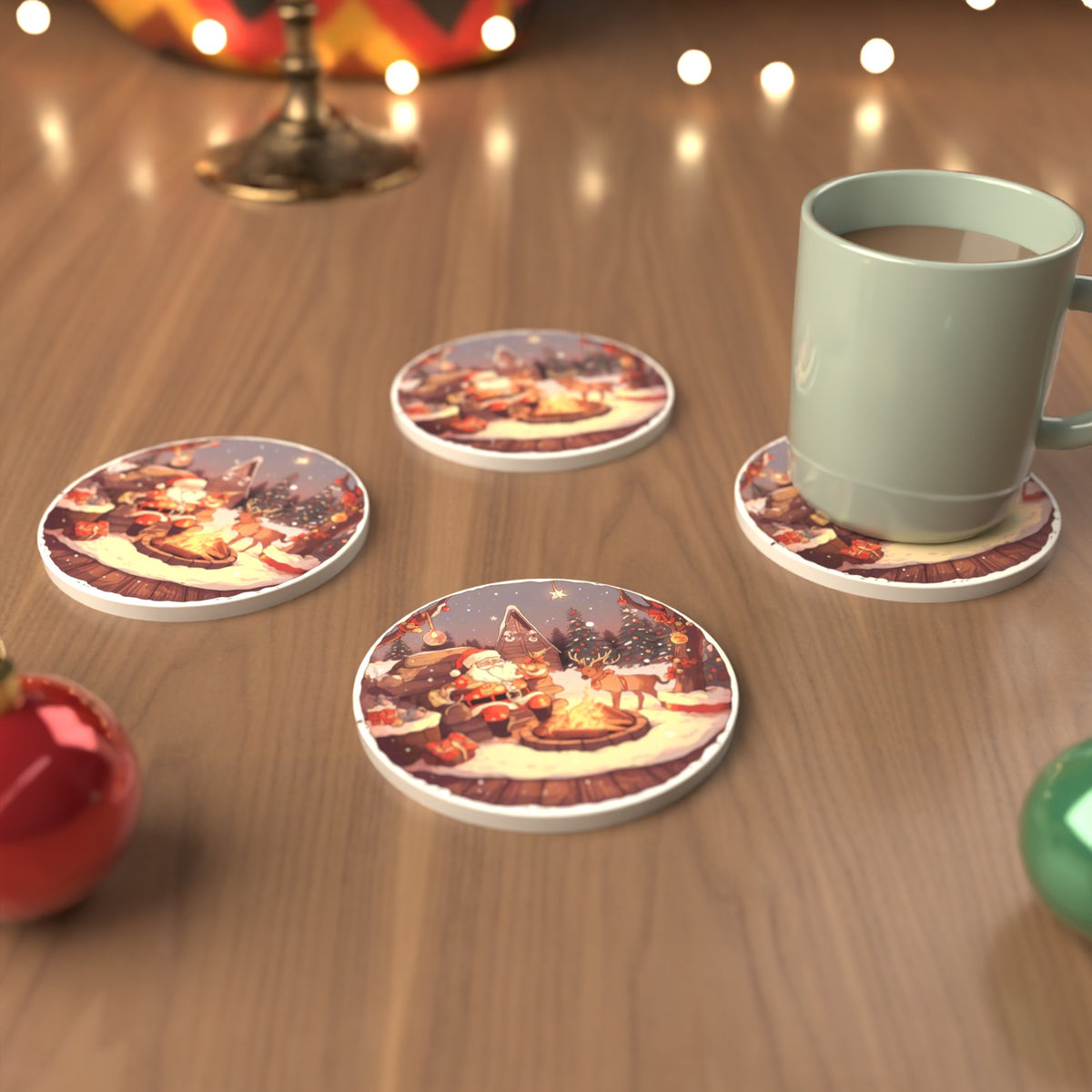 Father Christmas & Reindeer by the Campfire Round Ceramic Coasters – Set of 6 – cosy lifestyle mockup