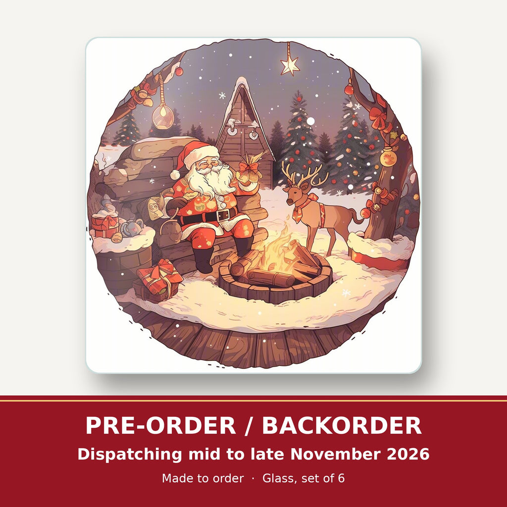 Father Christmas & Reindeer by the Campfire square glass coaster set of 6 – pre-order / backorder, dispatching mid to late November 2026