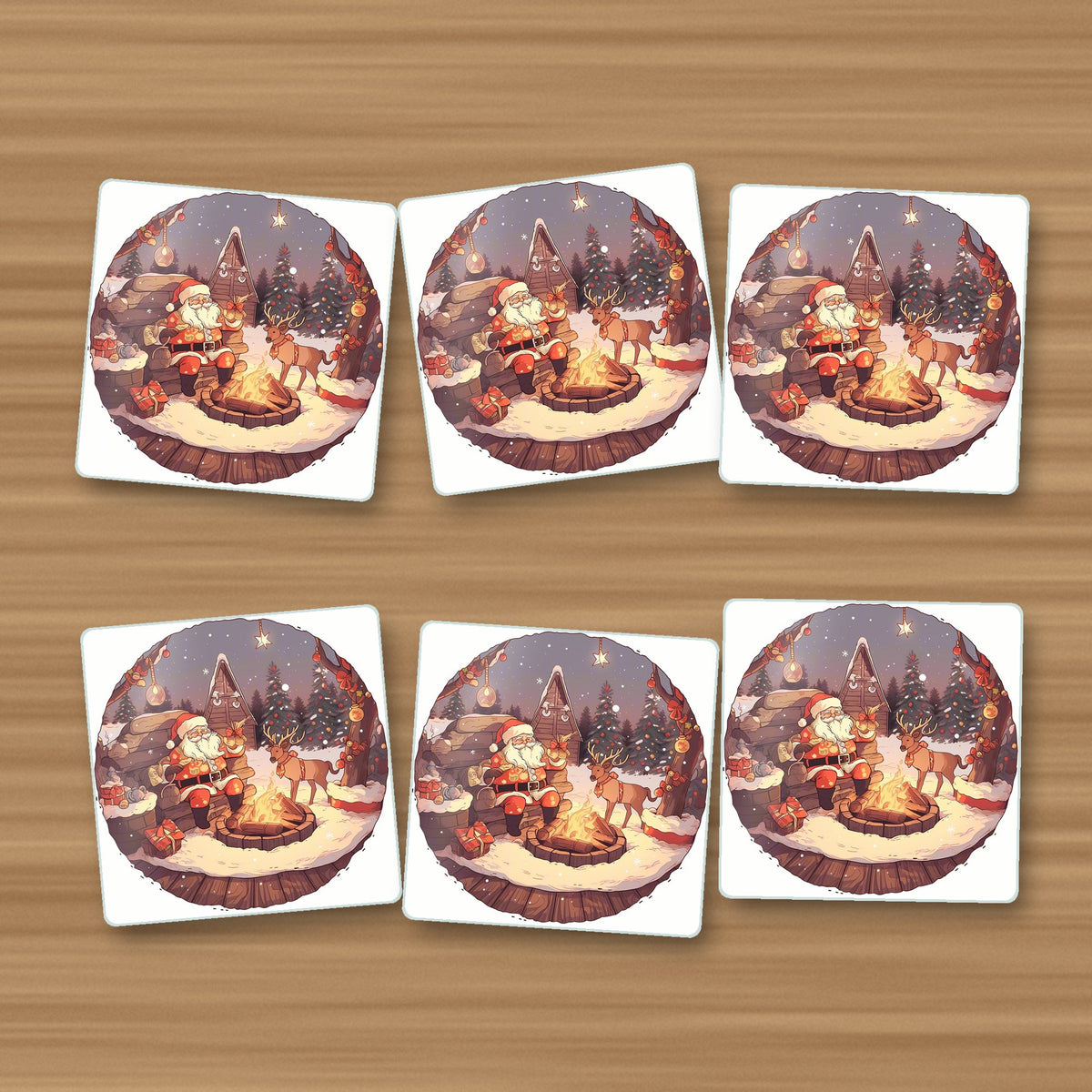 Father Christmas & Reindeer by the Campfire square glass coasters, set of 6, on an oak coffee table