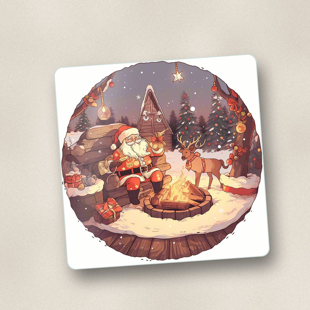 Close-up of one father christmas & reindeer by the campfire square glass coaster, flat UV print