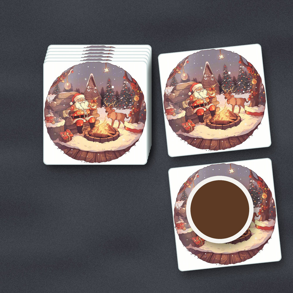 Father Christmas & Reindeer by the Campfire square glass coasters stacked on a slate kitchen worktop