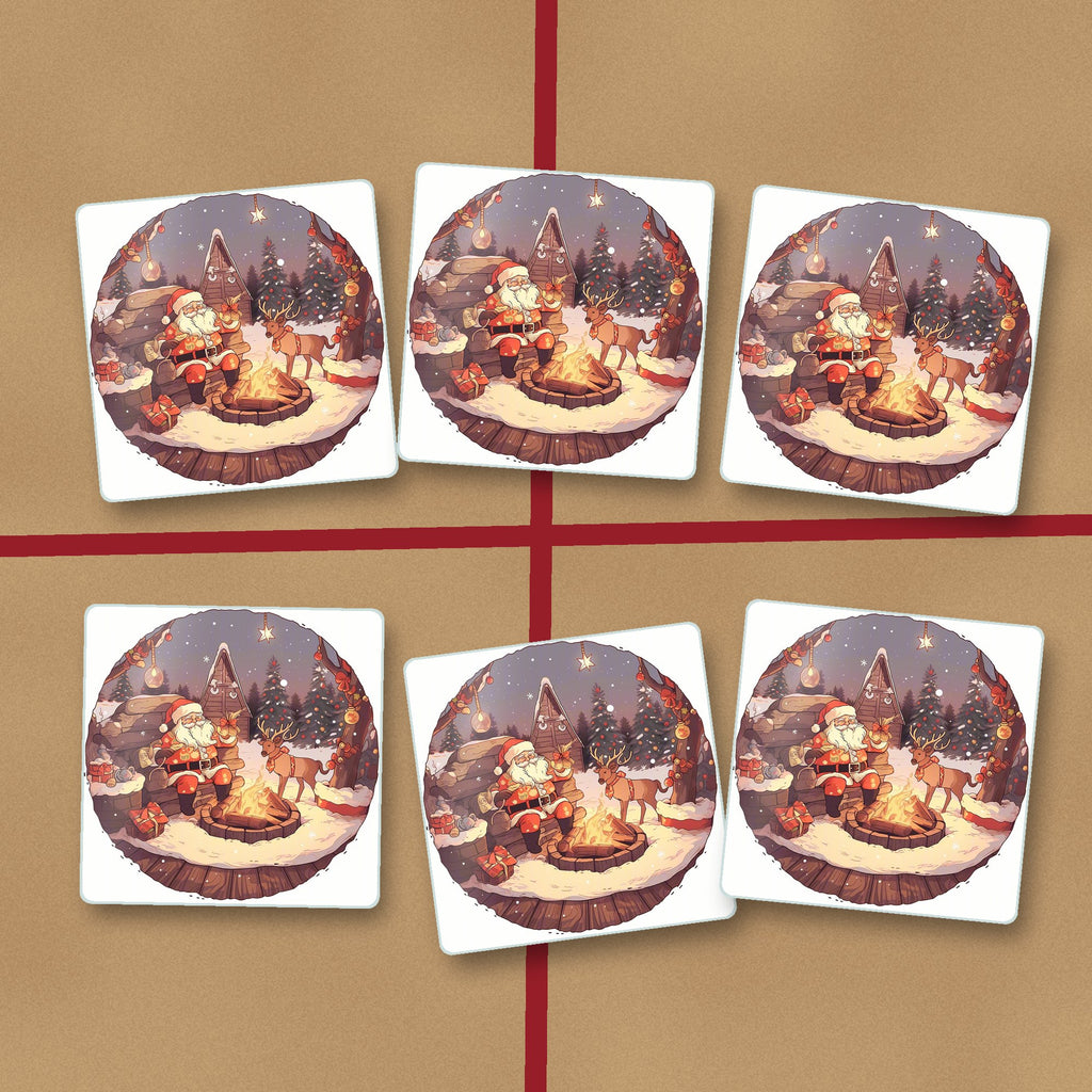 Father Christmas & Reindeer by the Campfire square glass coasters on kraft gift wrap