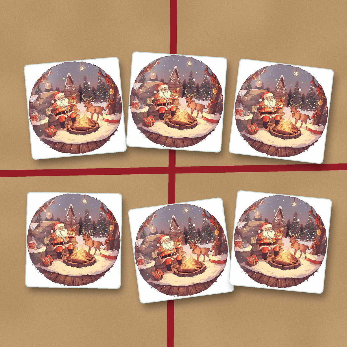Father Christmas & Reindeer by the Campfire square glass coasters on kraft gift wrap
