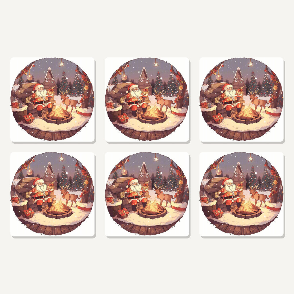 Flat lay of the father christmas & reindeer by the campfire artwork on six square coasters