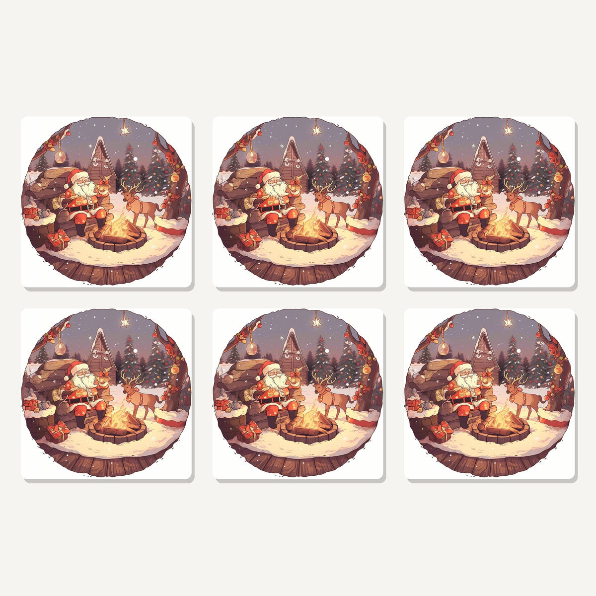 Flat lay of the father christmas & reindeer by the campfire artwork on six square coasters