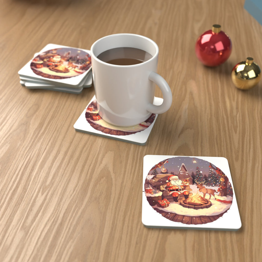 Father Christmas & Reindeer by the Campfire Square Glass Coasters – Set of 6 – lifestyle mockup with a mug of coffee