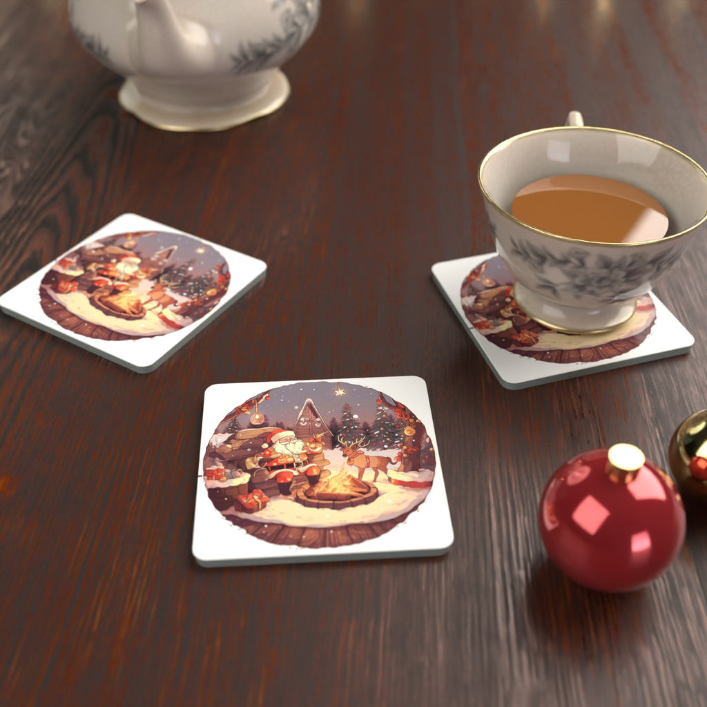 Father Christmas & Reindeer by the Campfire Square Glass Coasters – Set of 6 – lifestyle mockup with a teacup