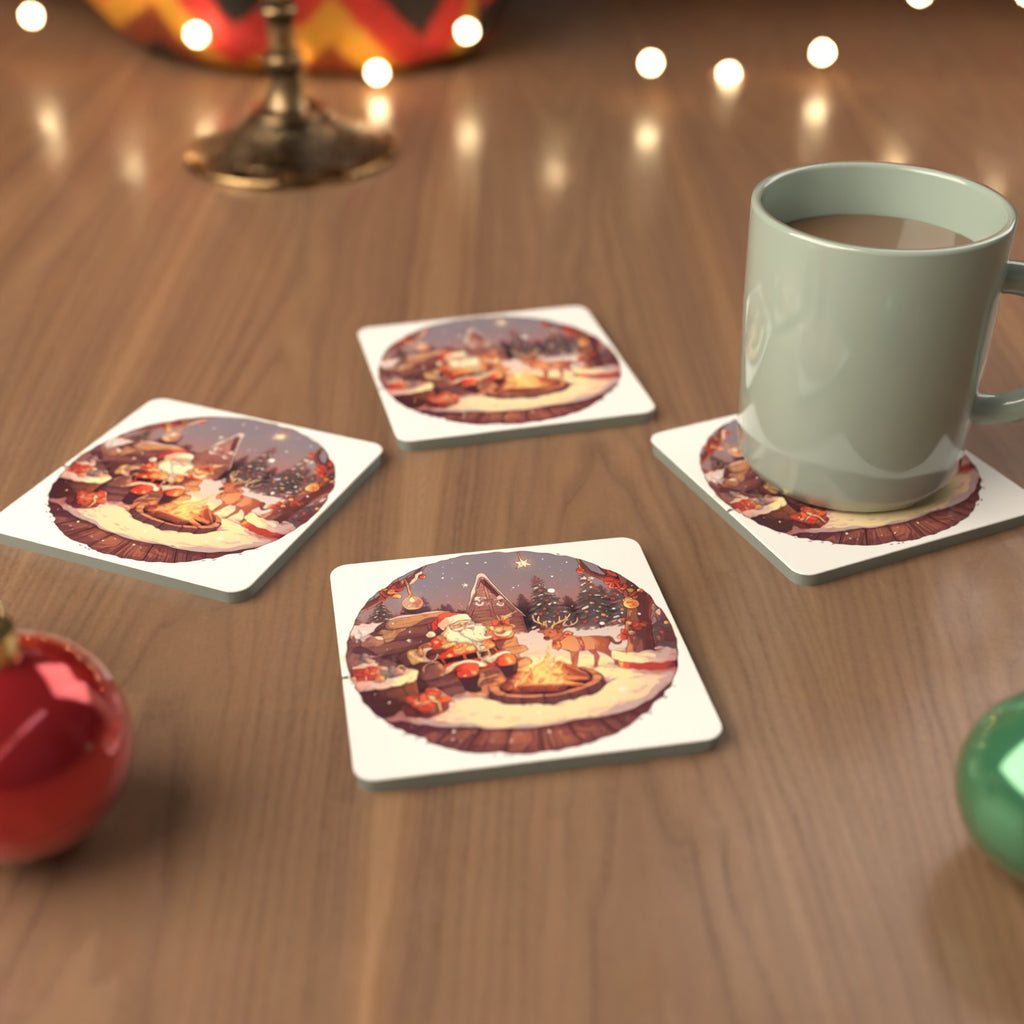 Father Christmas & Reindeer by the Campfire Square Glass Coasters – Set of 6 – cosy lifestyle mockup