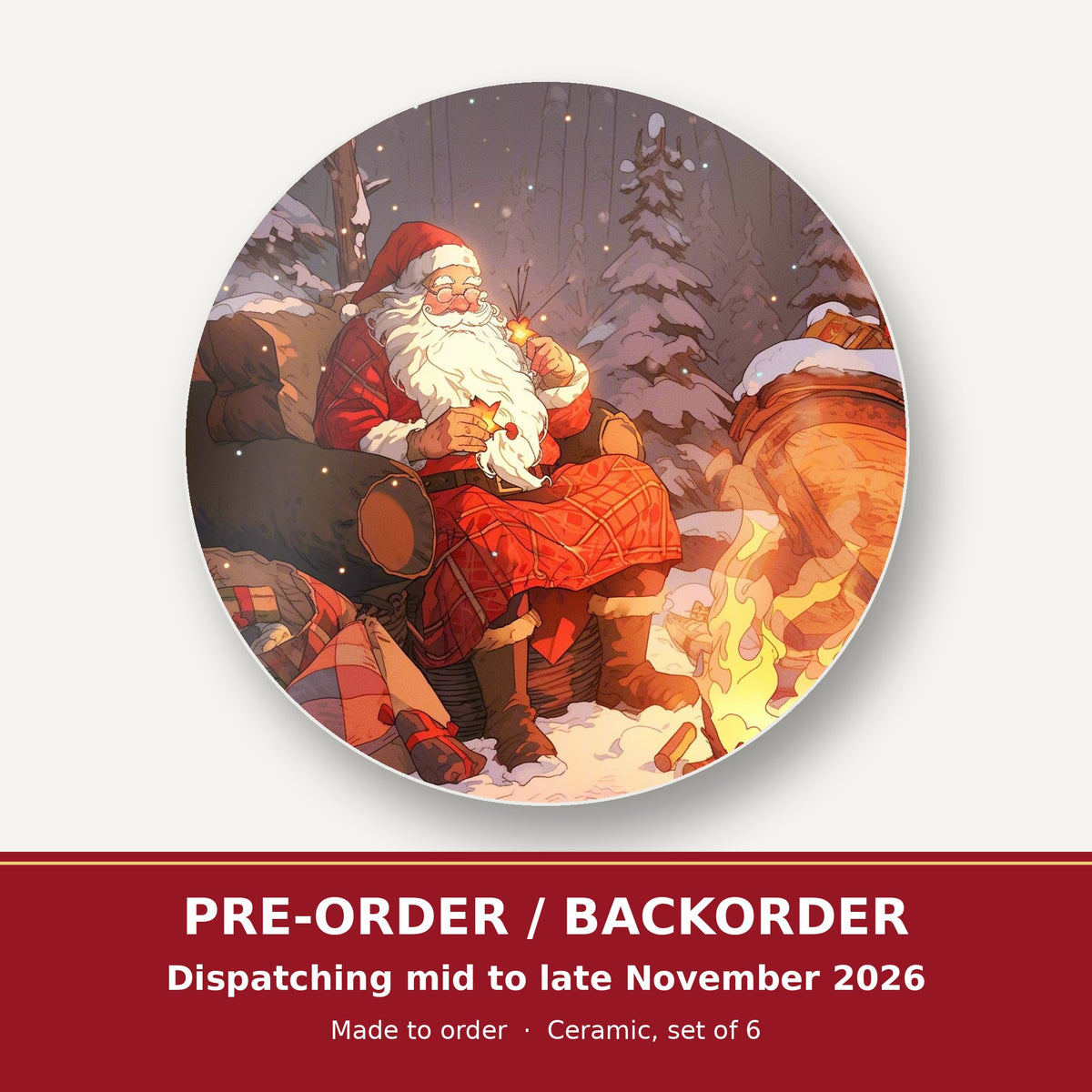 Father Christmas by the Winter Fire round ceramic coaster set of 6 – pre-order / backorder, dispatching mid to late November 2026