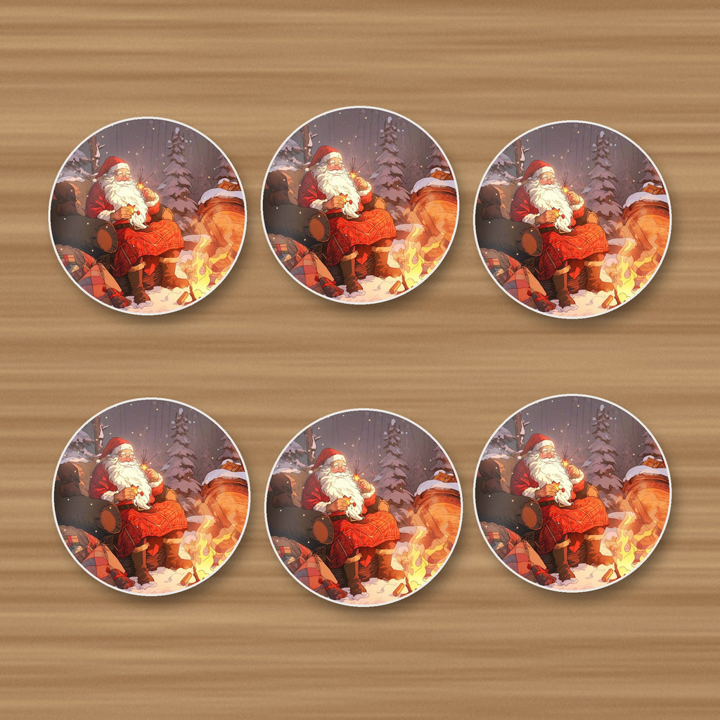 Father Christmas by the Winter Fire round ceramic coasters, set of 6, on an oak coffee table