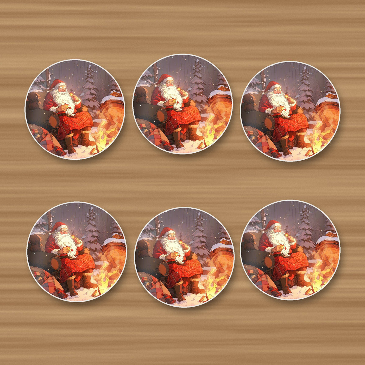 Father Christmas by the Winter Fire round ceramic coasters, set of 6, on an oak coffee table