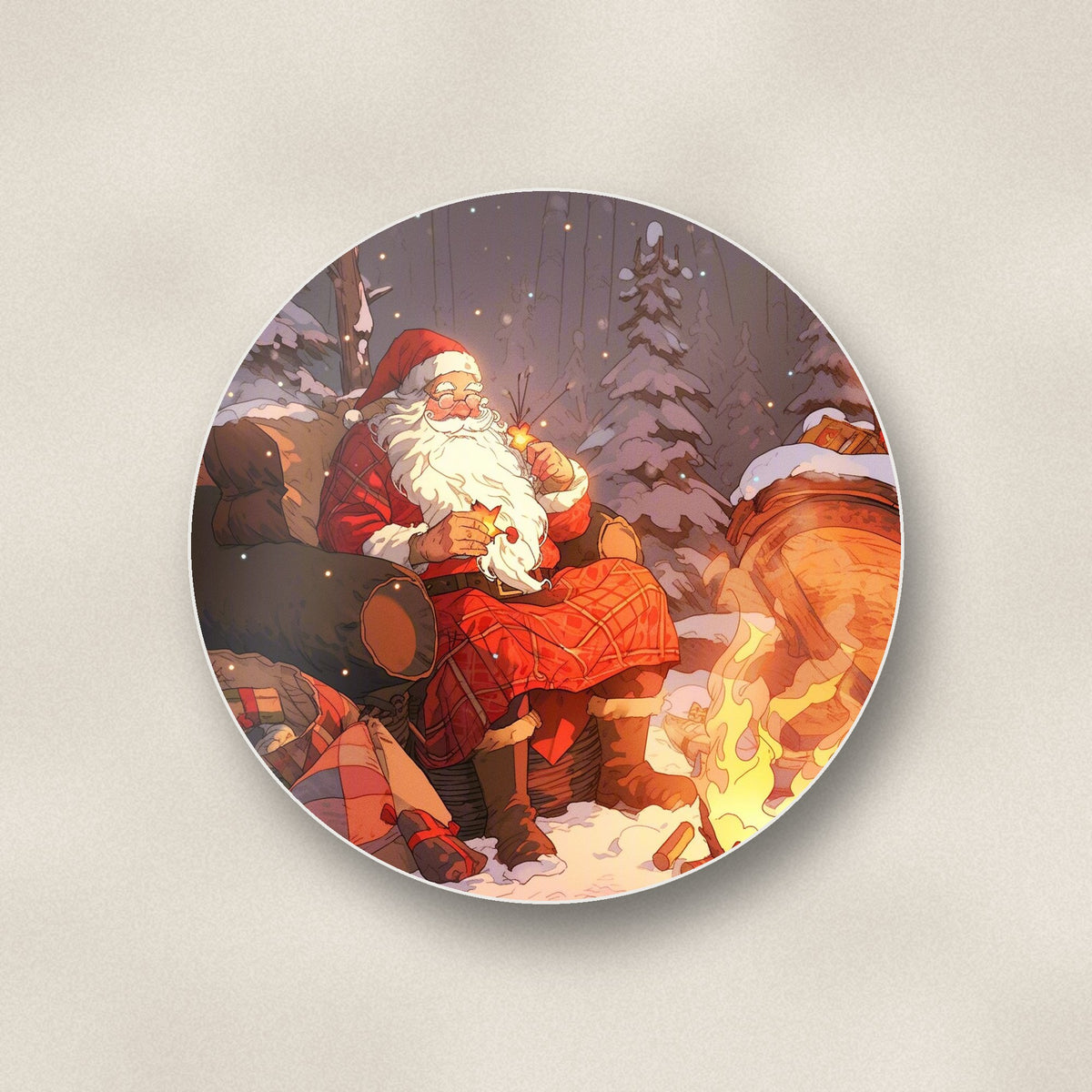 Close-up of one father christmas by the winter fire round ceramic coaster, flat UV print