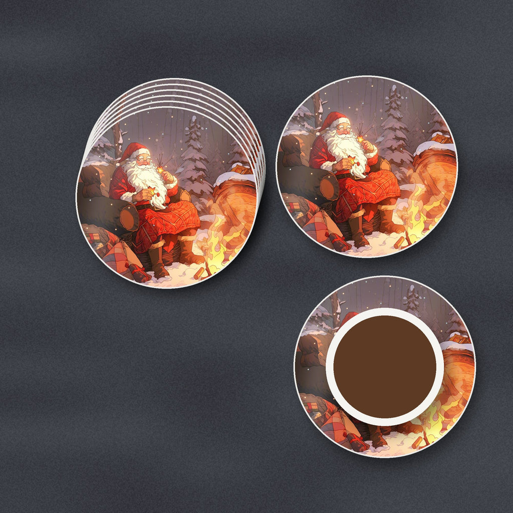 Father Christmas by the Winter Fire round ceramic coasters stacked on a slate kitchen worktop