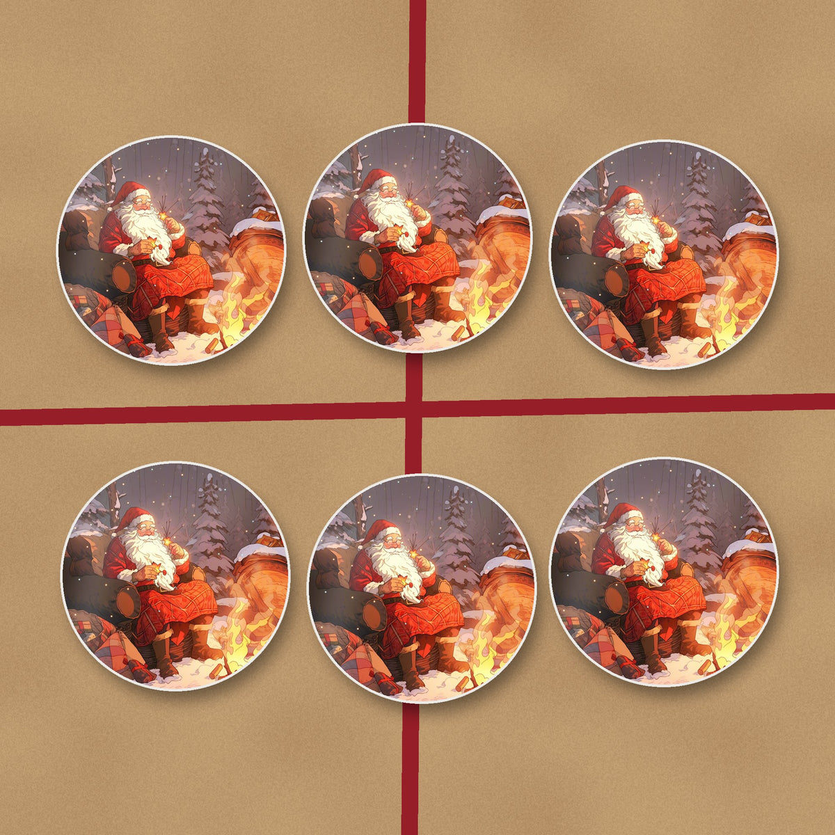 Father Christmas by the Winter Fire round ceramic coasters on kraft gift wrap