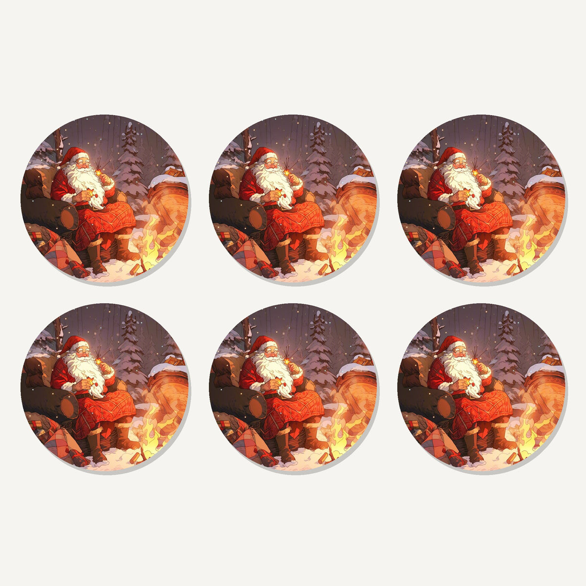 Flat lay of the father christmas by the winter fire artwork on six round coasters