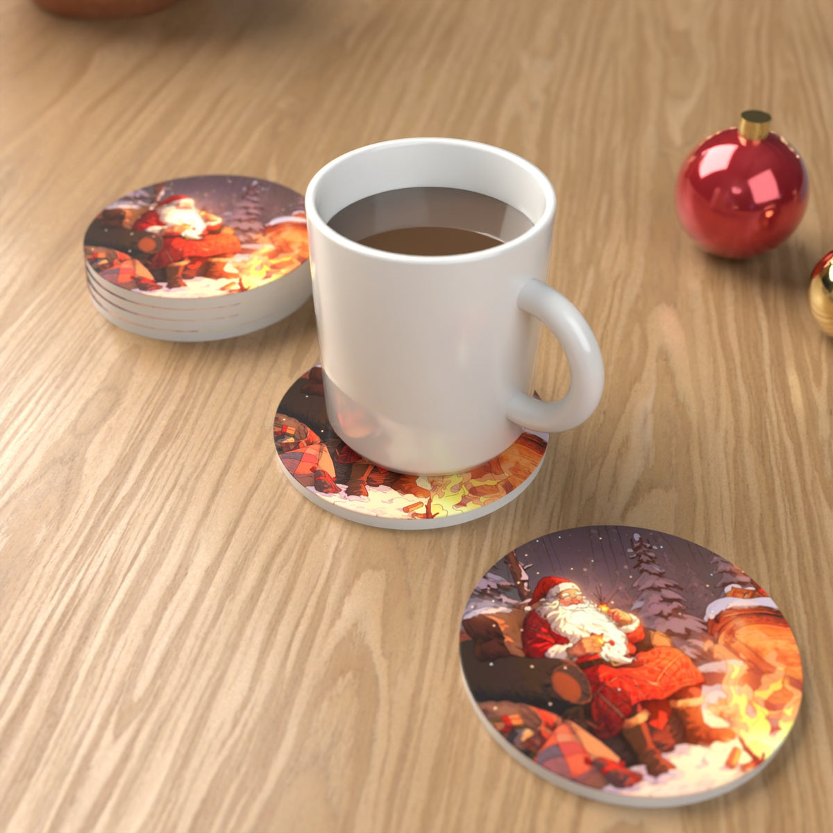 Father Christmas by the Winter Fire Round Ceramic Coasters – Set of 6 – lifestyle mockup with a mug of coffee