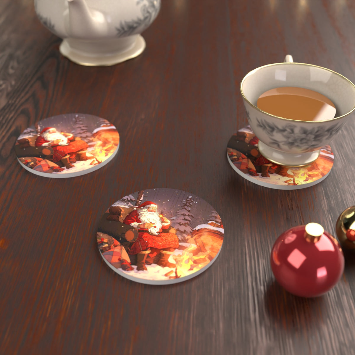 Father Christmas by the Winter Fire Round Ceramic Coasters – Set of 6 – lifestyle mockup with a teacup
