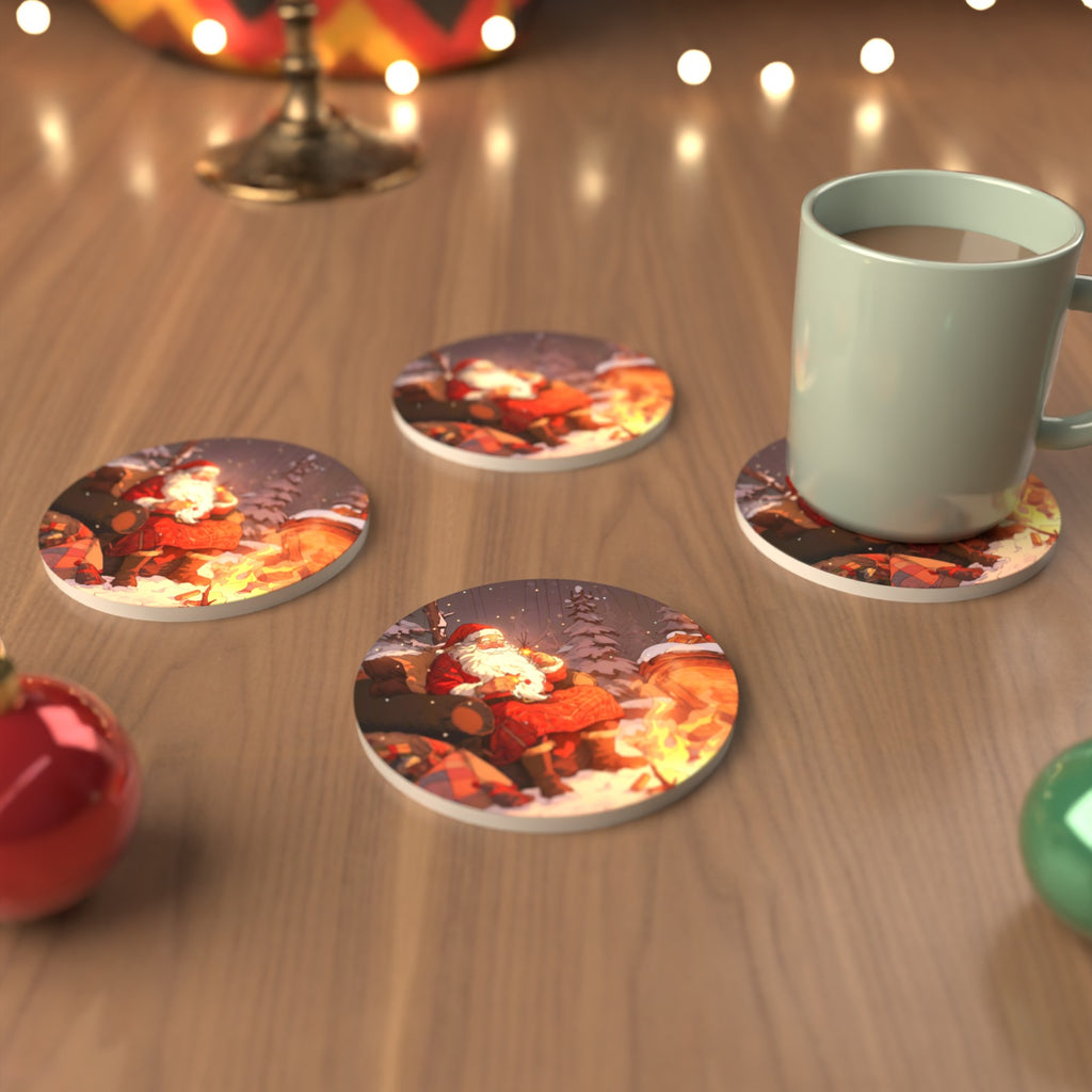 Father Christmas by the Winter Fire Round Ceramic Coasters – Set of 6 – cosy lifestyle mockup
