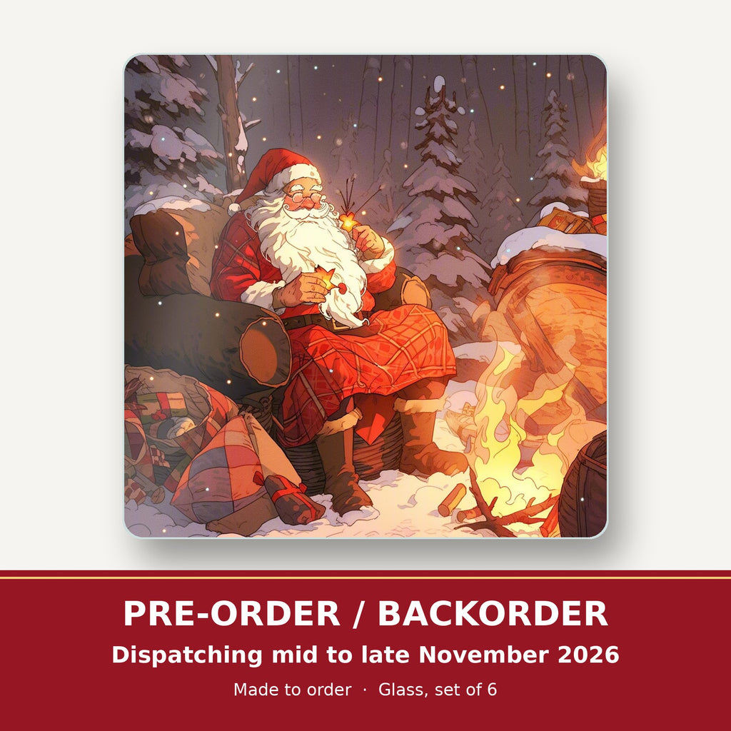 Father Christmas by the Winter Fire square glass coaster set of 6 – pre-order / backorder, dispatching mid to late November 2026
