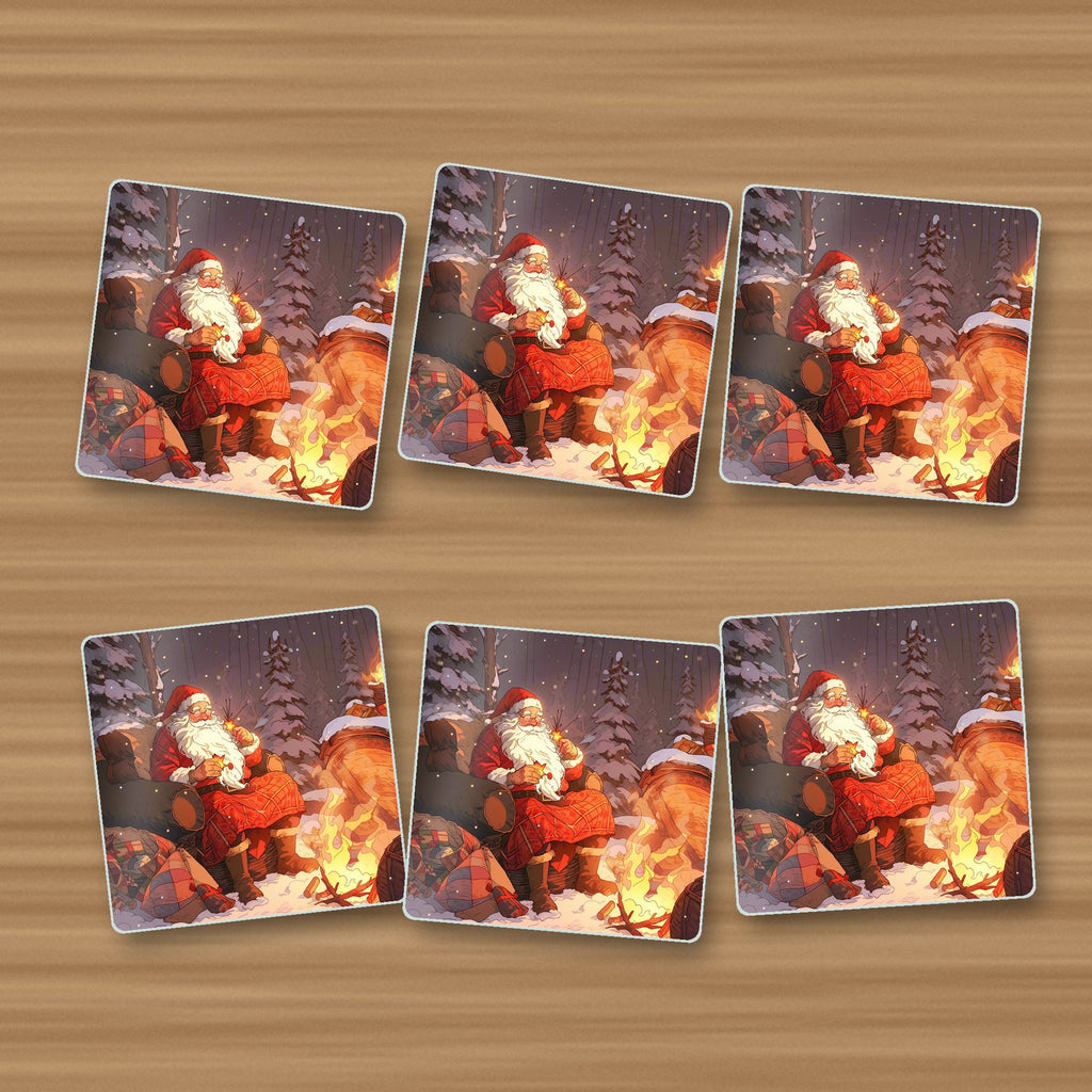 Father Christmas by the Winter Fire square glass coasters, set of 6, on an oak coffee table