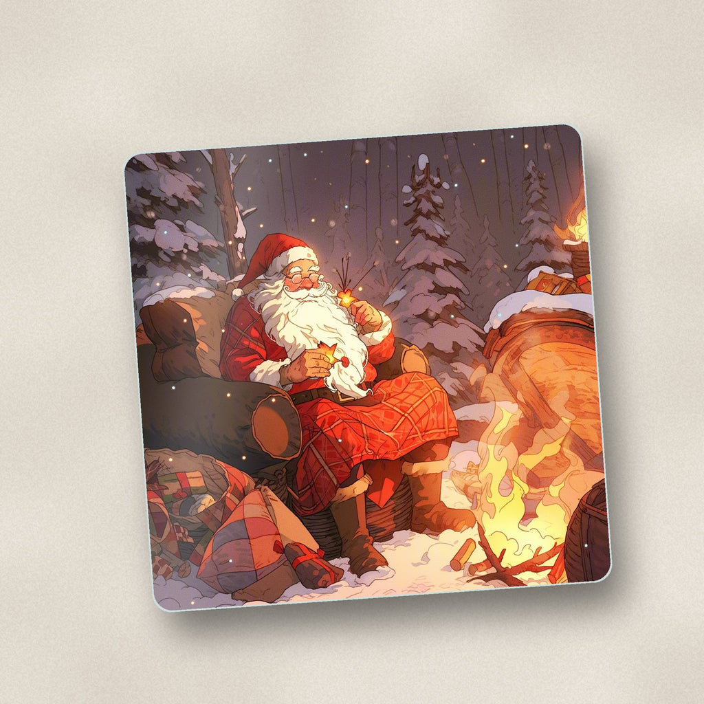 Close-up of one father christmas by the winter fire square glass coaster, flat UV print
