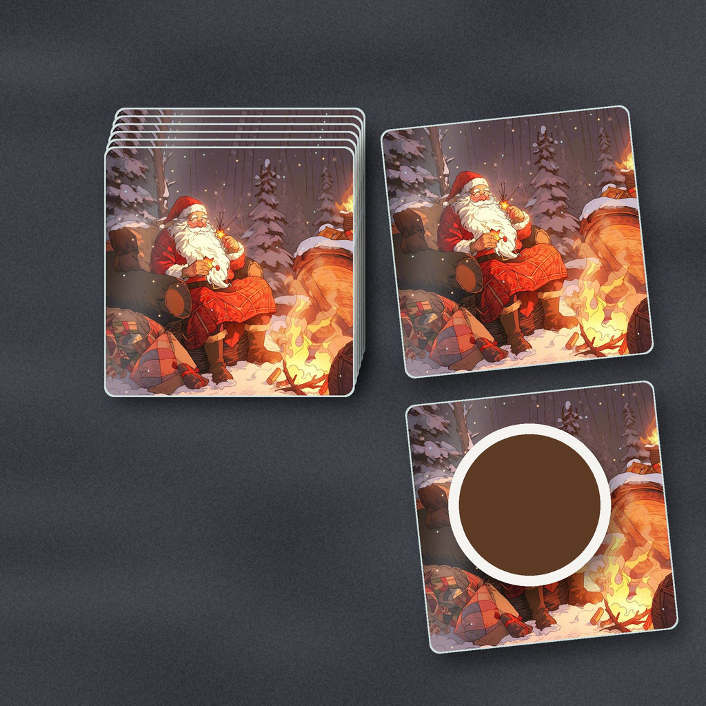 Father Christmas by the Winter Fire square glass coasters stacked on a slate kitchen worktop