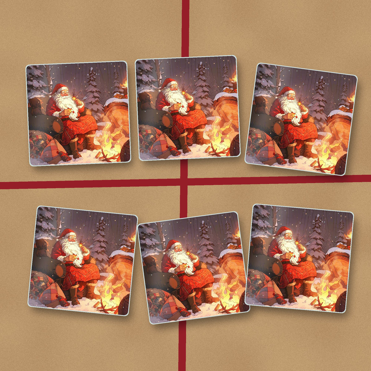 Father Christmas by the Winter Fire square glass coasters on kraft gift wrap