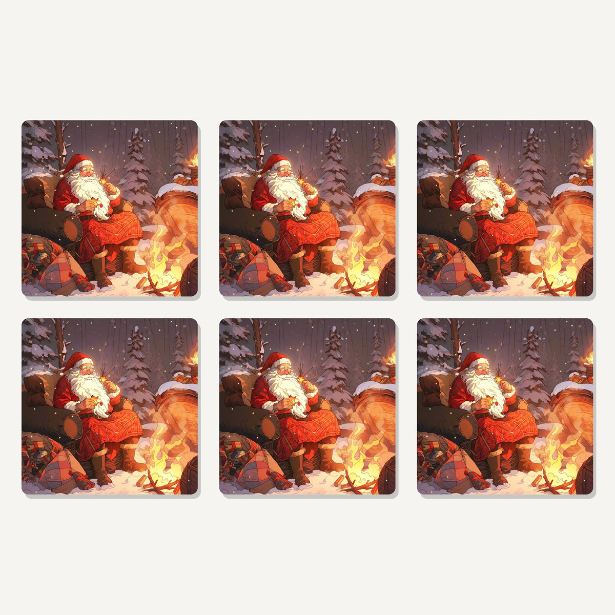Flat lay of the father christmas by the winter fire artwork on six square coasters