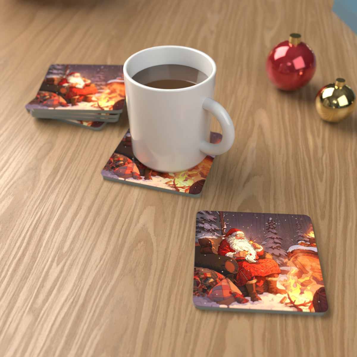Father Christmas by the Winter Fire Square Glass Coasters – Set of 6 – lifestyle mockup with a mug of coffee