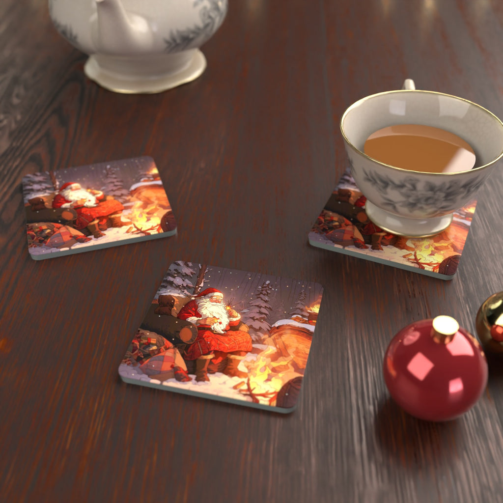 Father Christmas by the Winter Fire Square Glass Coasters – Set of 6 – lifestyle mockup with a teacup