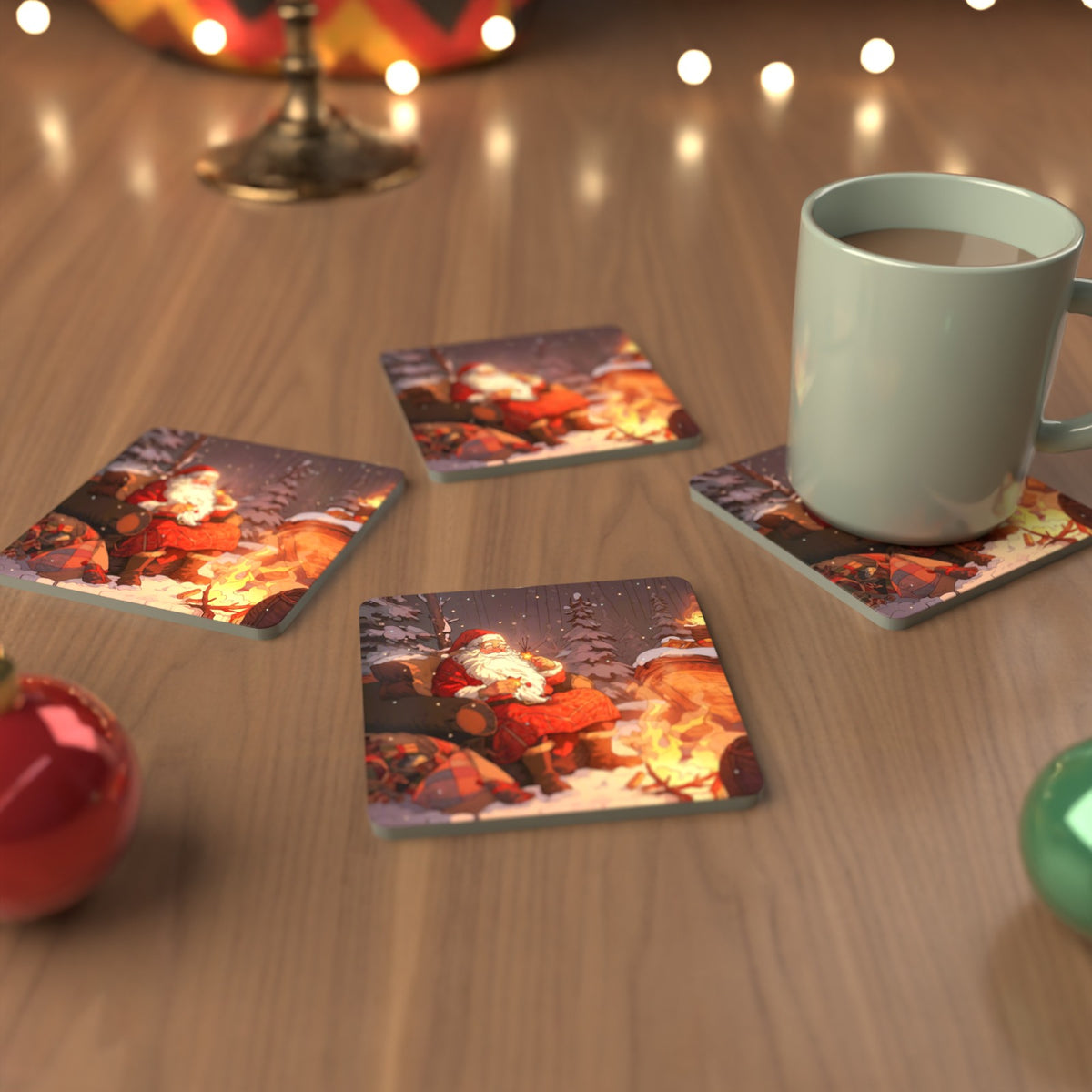Father Christmas by the Winter Fire Square Glass Coasters – Set of 6 – cosy lifestyle mockup