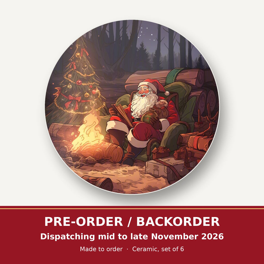 Father Christmas Forest Fireside round ceramic coaster set of 6 – pre-order / backorder, dispatching mid to late November 2026