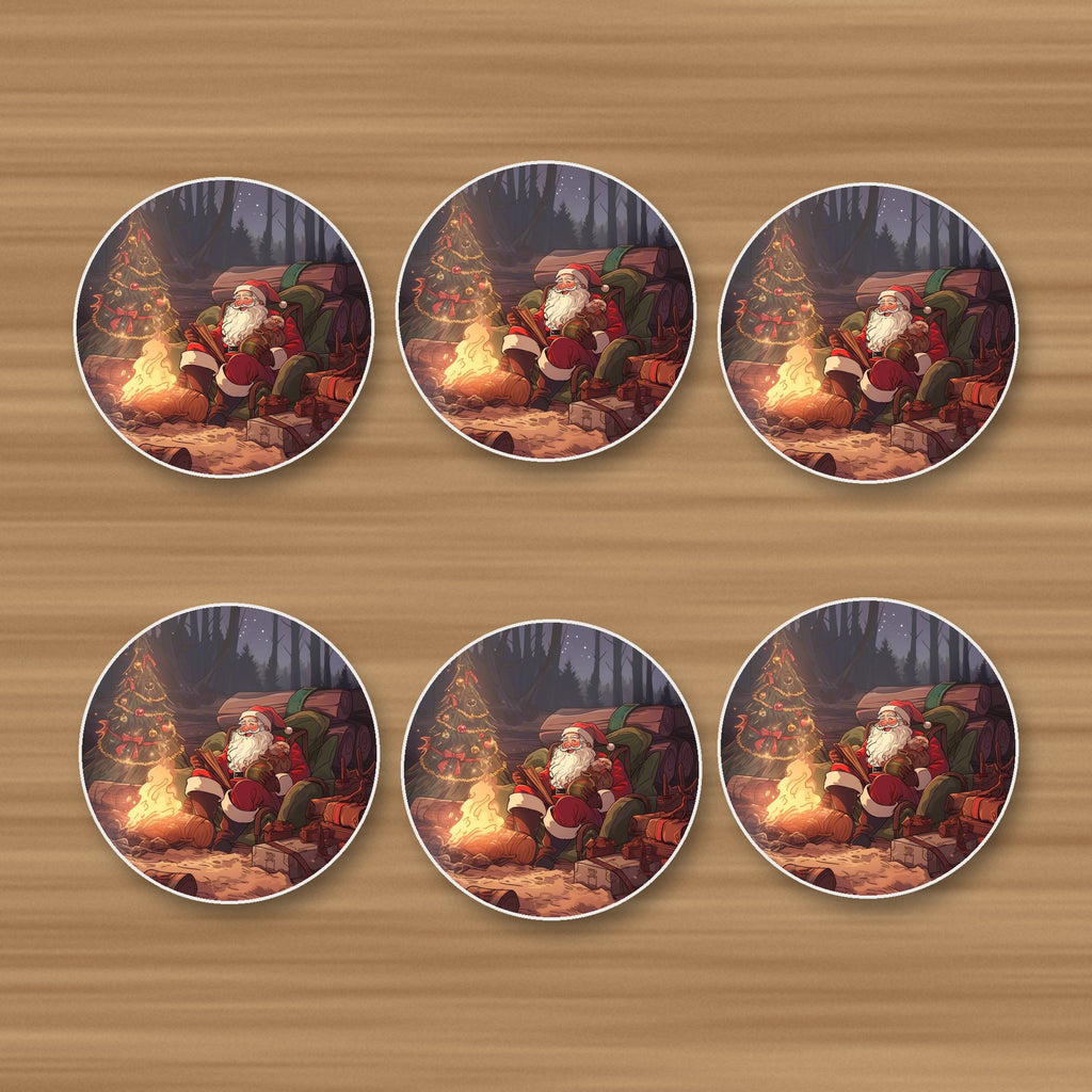 Father Christmas Forest Fireside round ceramic coasters, set of 6, on an oak coffee table