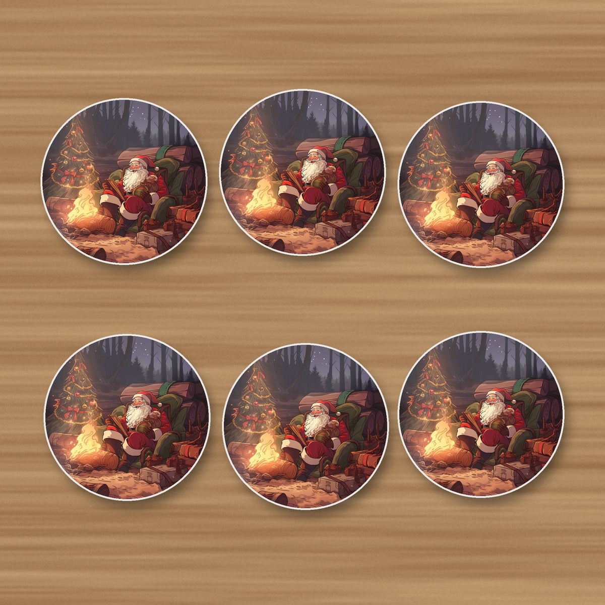 Father Christmas Forest Fireside round ceramic coasters, set of 6, on an oak coffee table